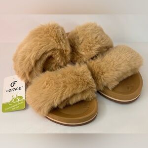 NEW Faux Fur Slide Sandals Women’s 8 Cozy Tan Slippers